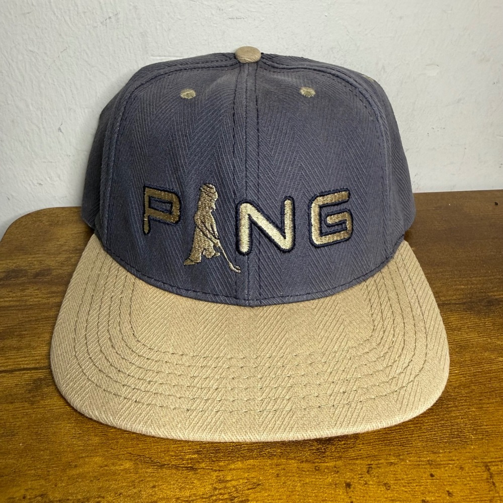 Vintage Ping Golf Hat Mens Blue Tan Made in USA Strapback Cap Adjustable